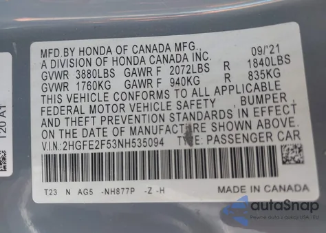 2022 Honda Civic Sport from USA, damaged, VIN 2HGFE2F53NH535094
